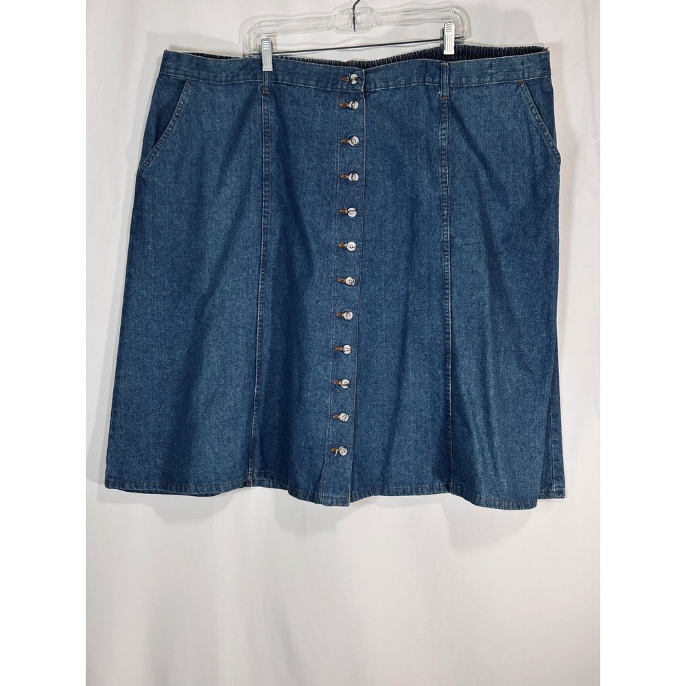 Blue Denim Button Front Midi Skirt Elastic Waist A-Line Plus Size Medium Wash